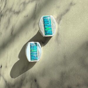 Sterling Silver and Blue Opal Geometric Earrings